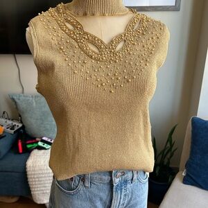 Cable and Gauge Gold Sleeveless Knit Top with Beaded Neckline size XL petite
